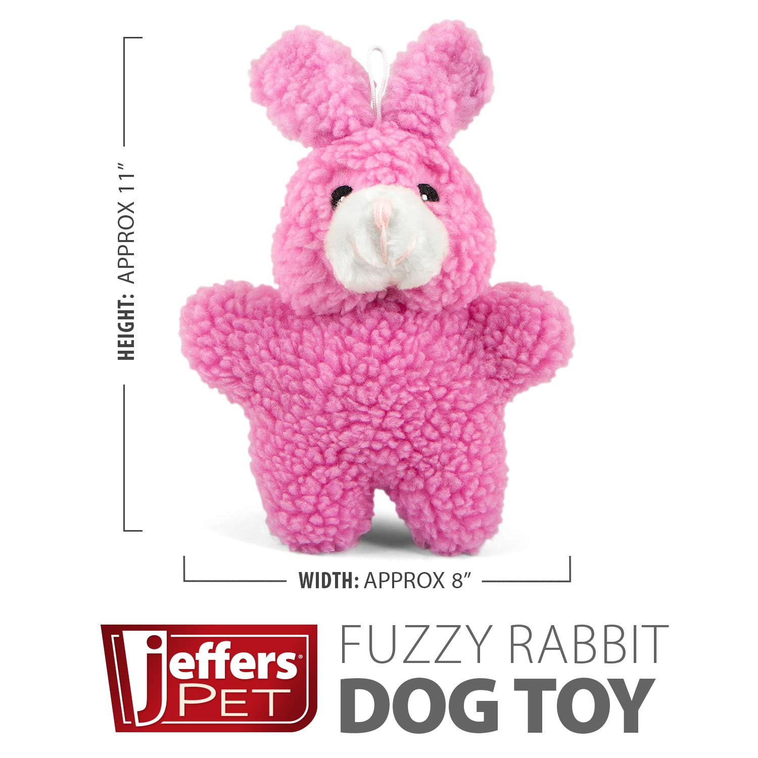 Pink rabbit plush squeaker dog toy, standing pose with white snout