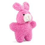 Pink rabbit plush squeaker dog toy with white snout and stitched black eyes