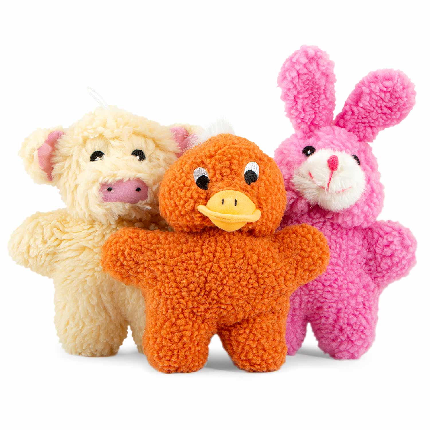 Assorted animal plush squeaker dog toys: cream pig, orange duck, pink rabbit