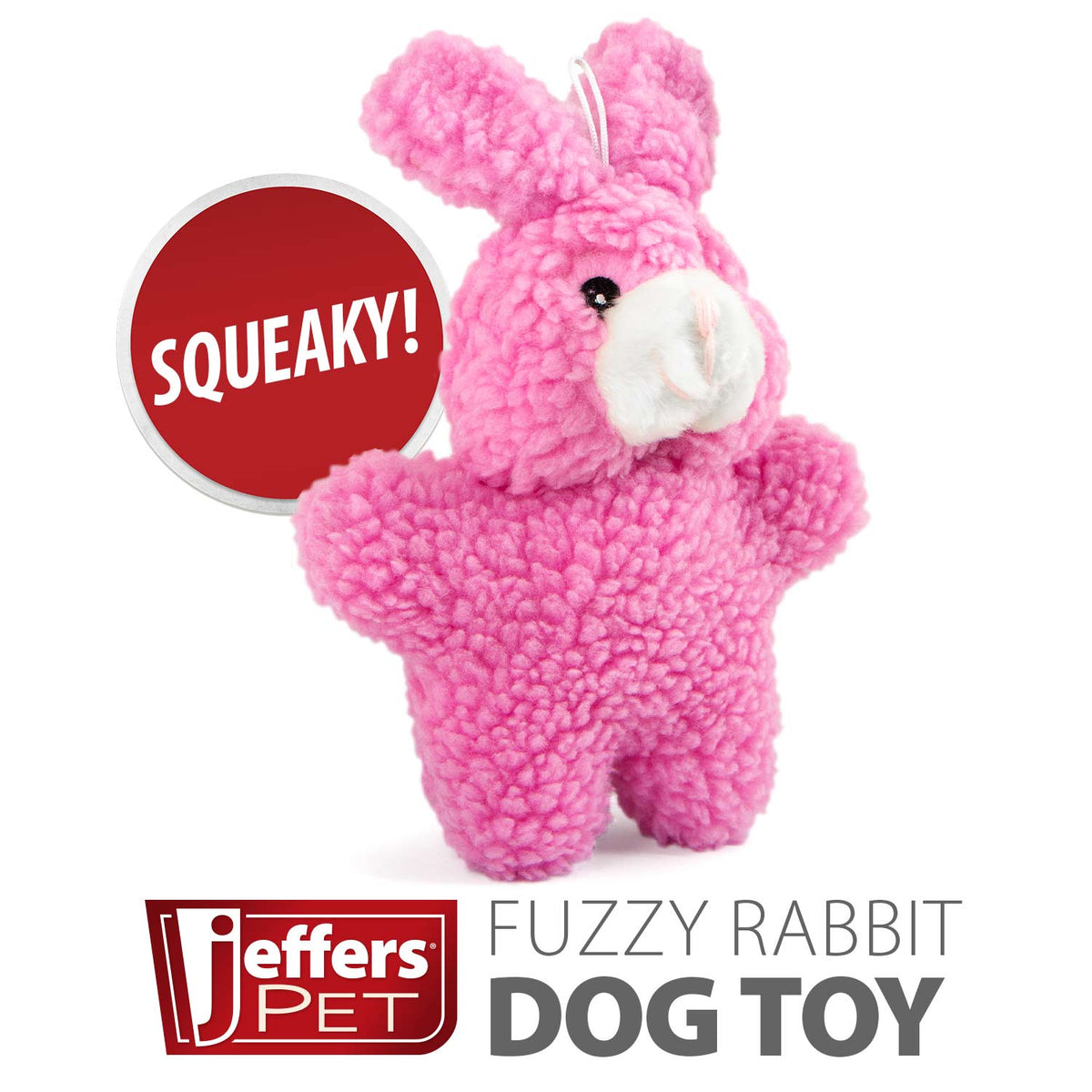 Pink rabbit plush squeaker dog toy with white snout and fluffy textured body