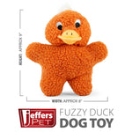 Orange fuzzy duck plush squeaker dog toy, front view with yellow bill
