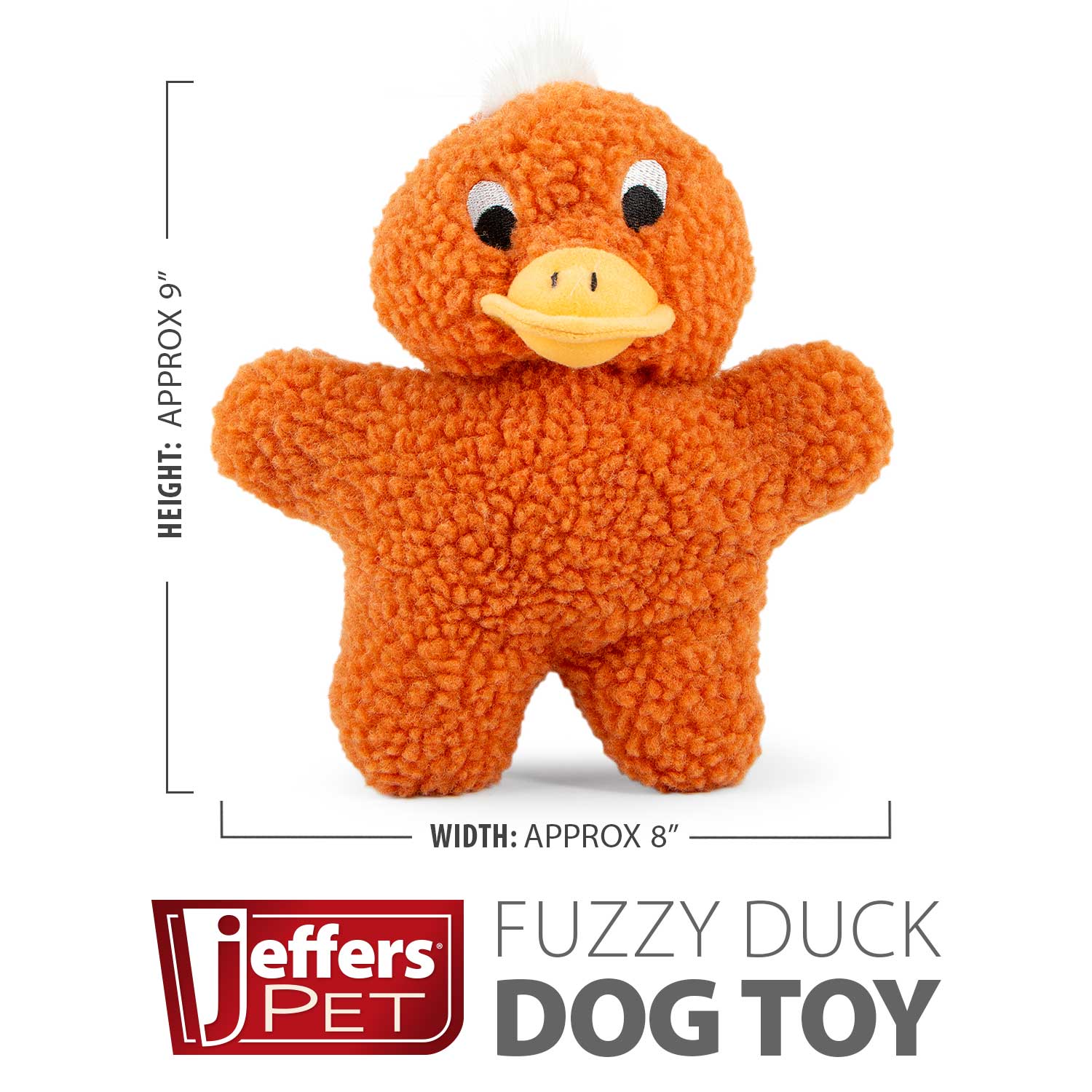 Orange fuzzy duck plush squeaker dog toy, front view with yellow bill