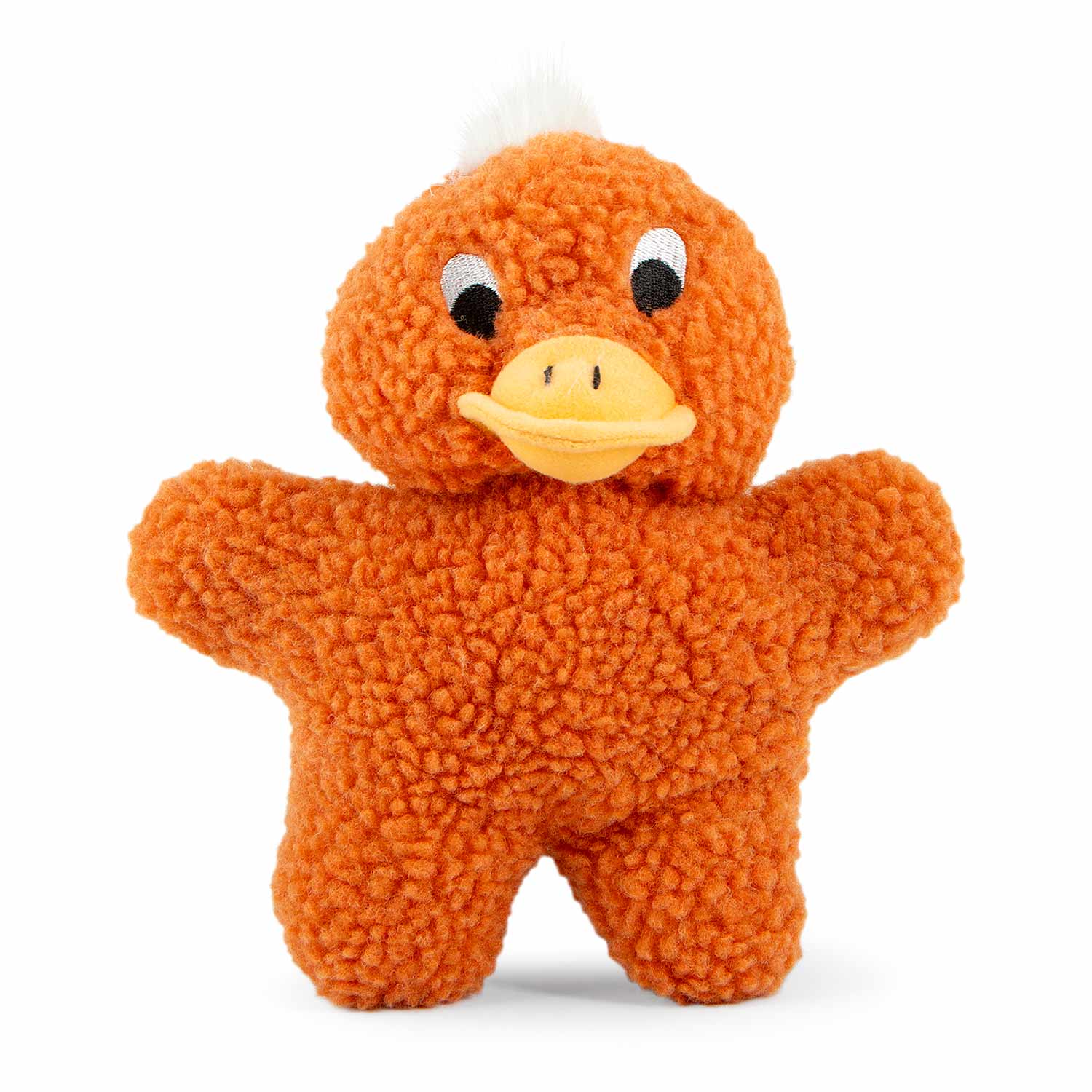 Orange duck plush squeaker dog toy with yellow bill and black eyes