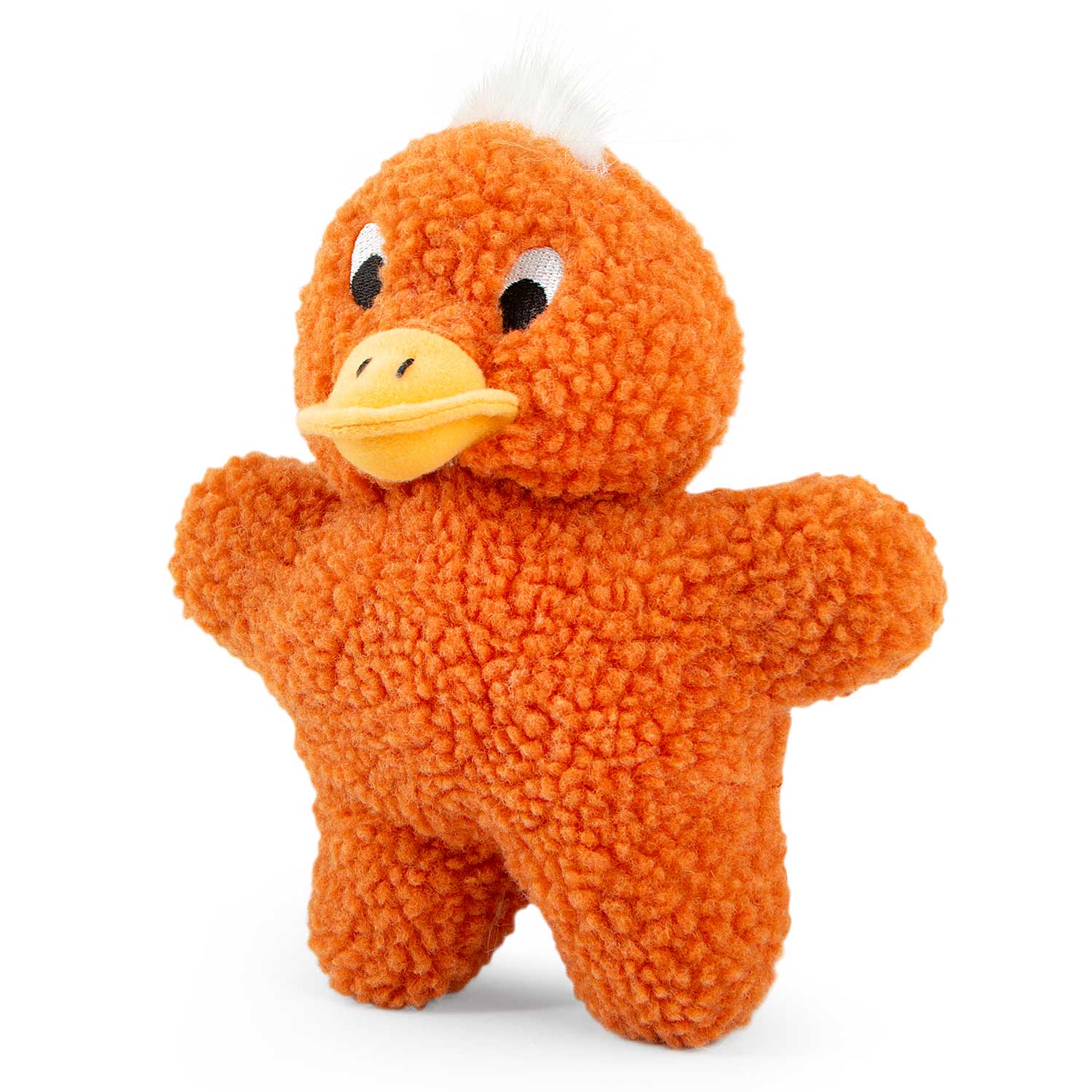 Orange duck plush squeaker dog toy with yellow bill and black eyes