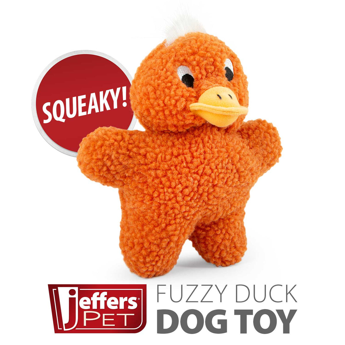 Orange fuzzy duck plush squeaker dog toy with yellow bill and black eyes
