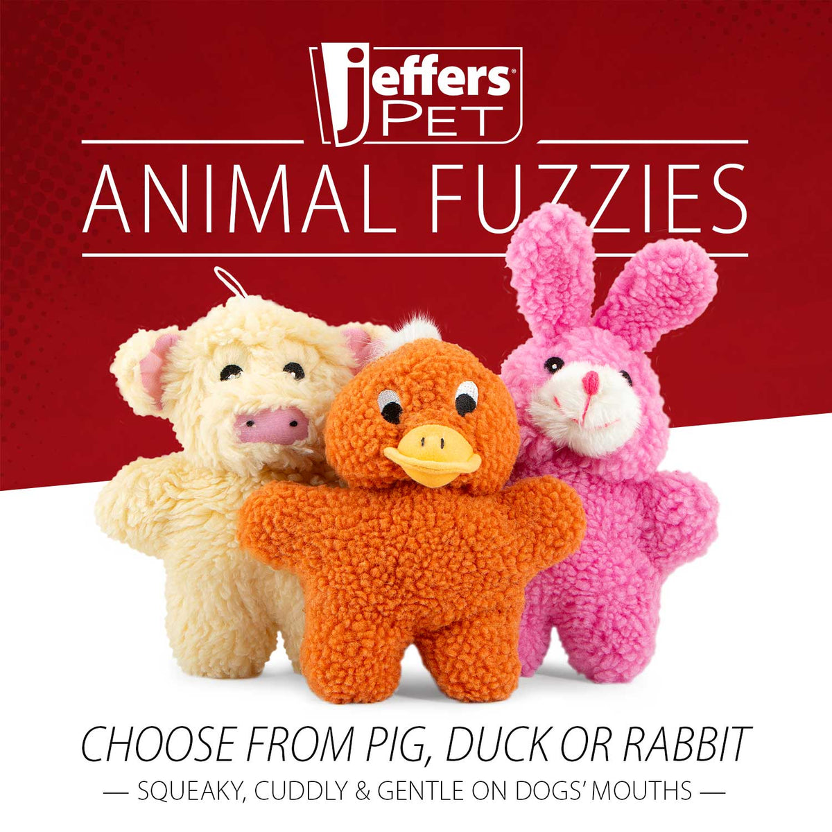 Fuzzy plush squeaker dog toys set: pig, duck, and rabbit with Jefers Pet logo