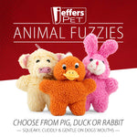Fuzzy plush squeaker dog toys set: pig, duck, and rabbit with Jefers Pet logo
