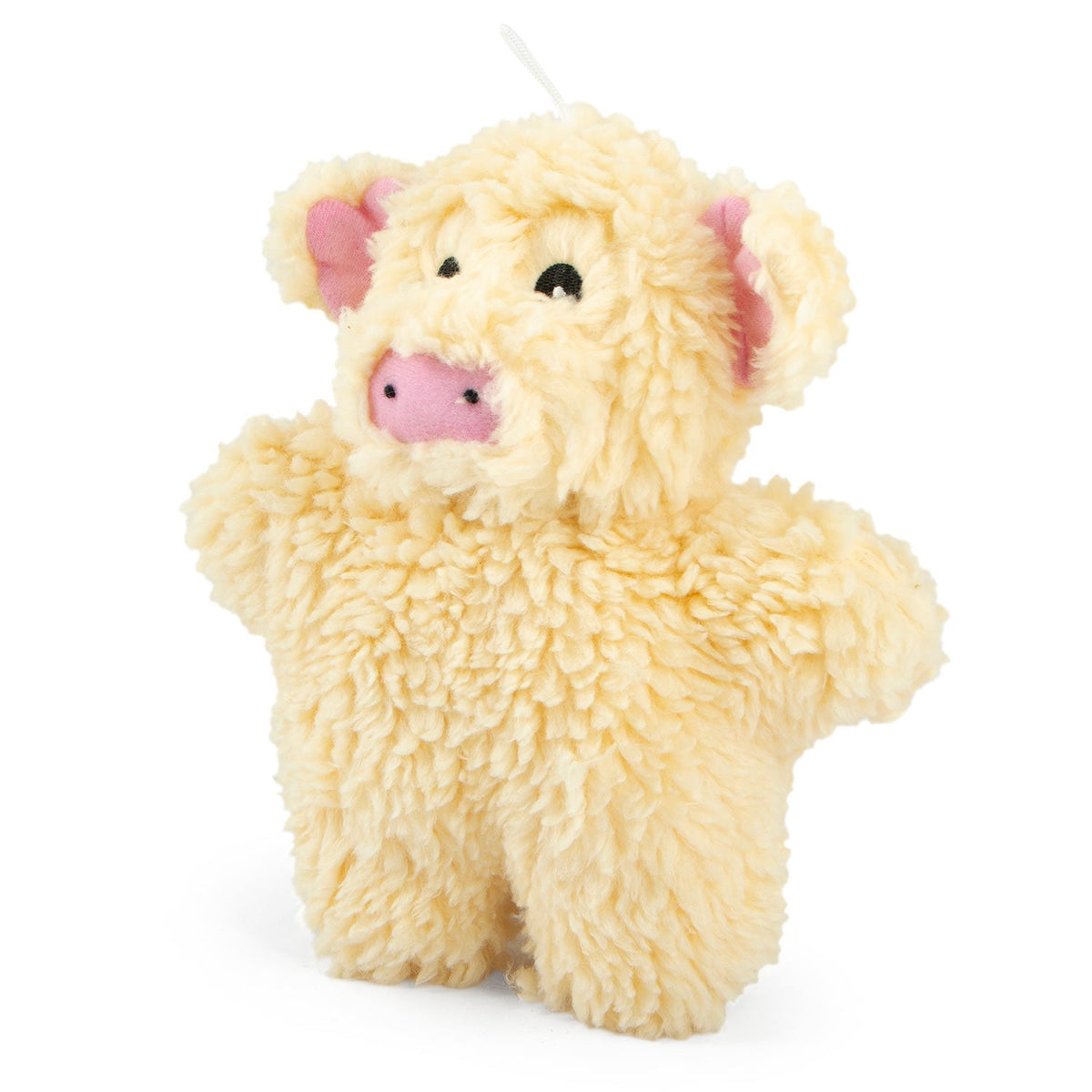 Cream fuzzy pig plush squeaker dog toy with pink snout and soft fuzzy body
