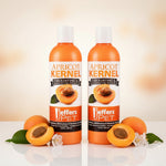 Two Apricot Kernel exfoliating & moisturizing pet shampoo bottles, orange with white caps.
