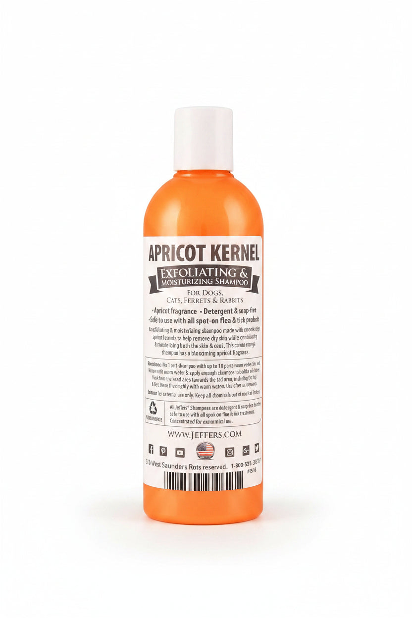 Apricot Kernel exfoliating & moisturizing pet shampoo bottle, orange with white cap and label.