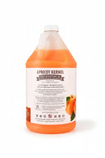 Apricot Kernel pet shampoo jug with back label panel and apricot kernel imagery, orange bottle.