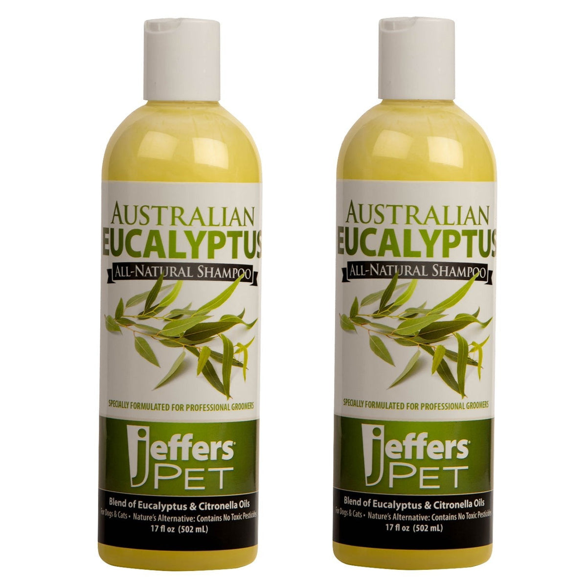 Pair of dog shampoo bottles with Australian Eucalyptus front labels