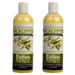 Pair of dog shampoo bottles with Australian Eucalyptus front labels