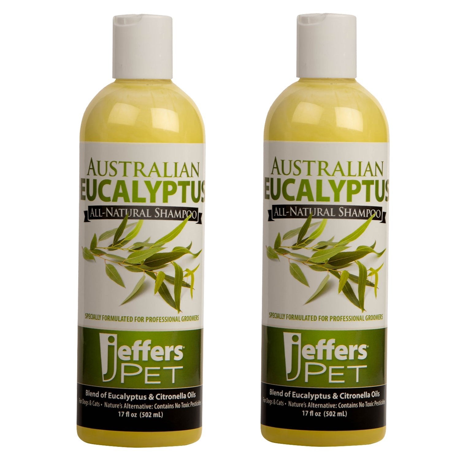 Pair of dog shampoo bottles with Australian Eucalyptus front labels