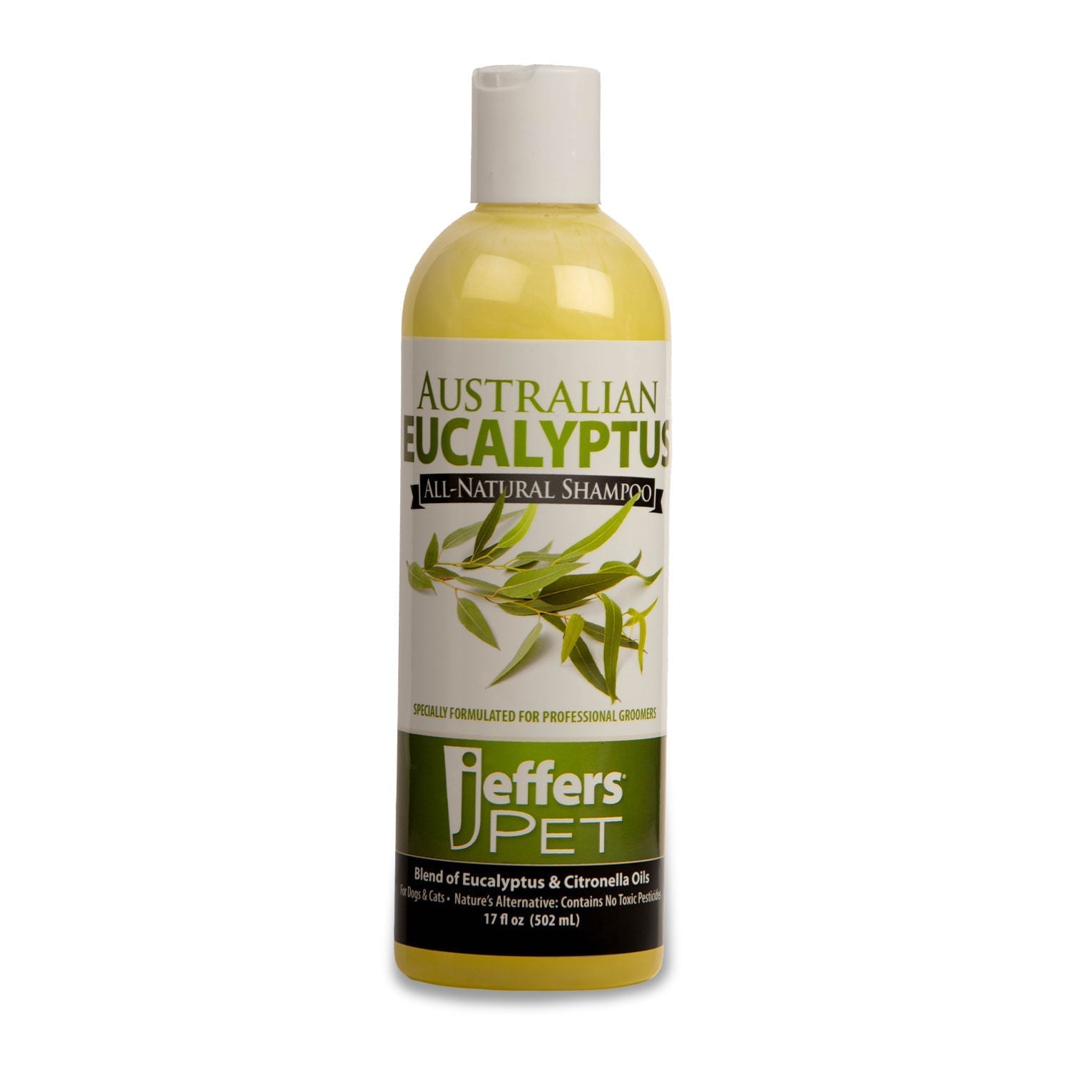 Dog shampoo bottle with Australian Eucalyptus front label