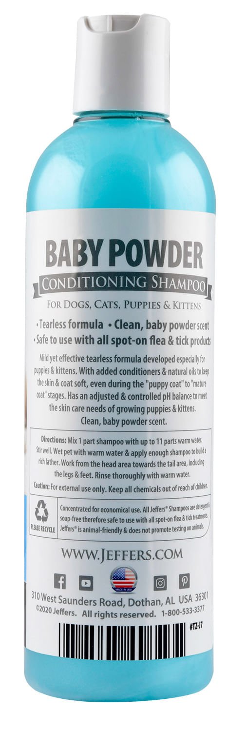 Jeffers Pet Baby Powder conditioning shampoo bottle, back label with barcode
