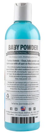 Jeffers Pet Baby Powder conditioning shampoo bottle, back label with barcode