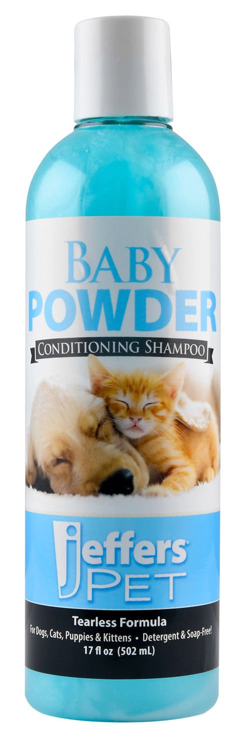 Jeffers Pet Baby Powder conditioning shampoo bottle, blue label and white cap