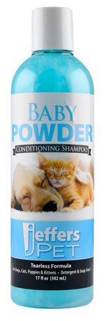 Jeffers Pet Baby Powder conditioning shampoo bottle, blue label and white cap