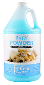 Jeffers Pet Baby Powder conditioning shampoo jug bottle, blue and white