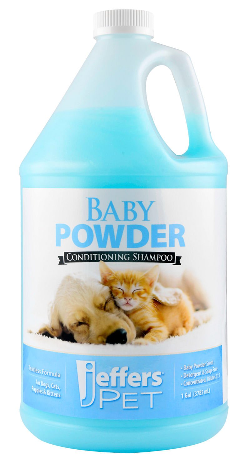 Jeffers Pet Baby Powder conditioning shampoo jug bottle, blue and white