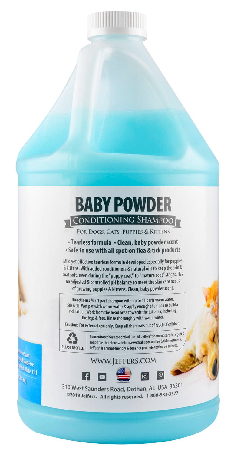 Jeffers Pet Baby Powder conditioning shampoo bottle, front label with cat photo