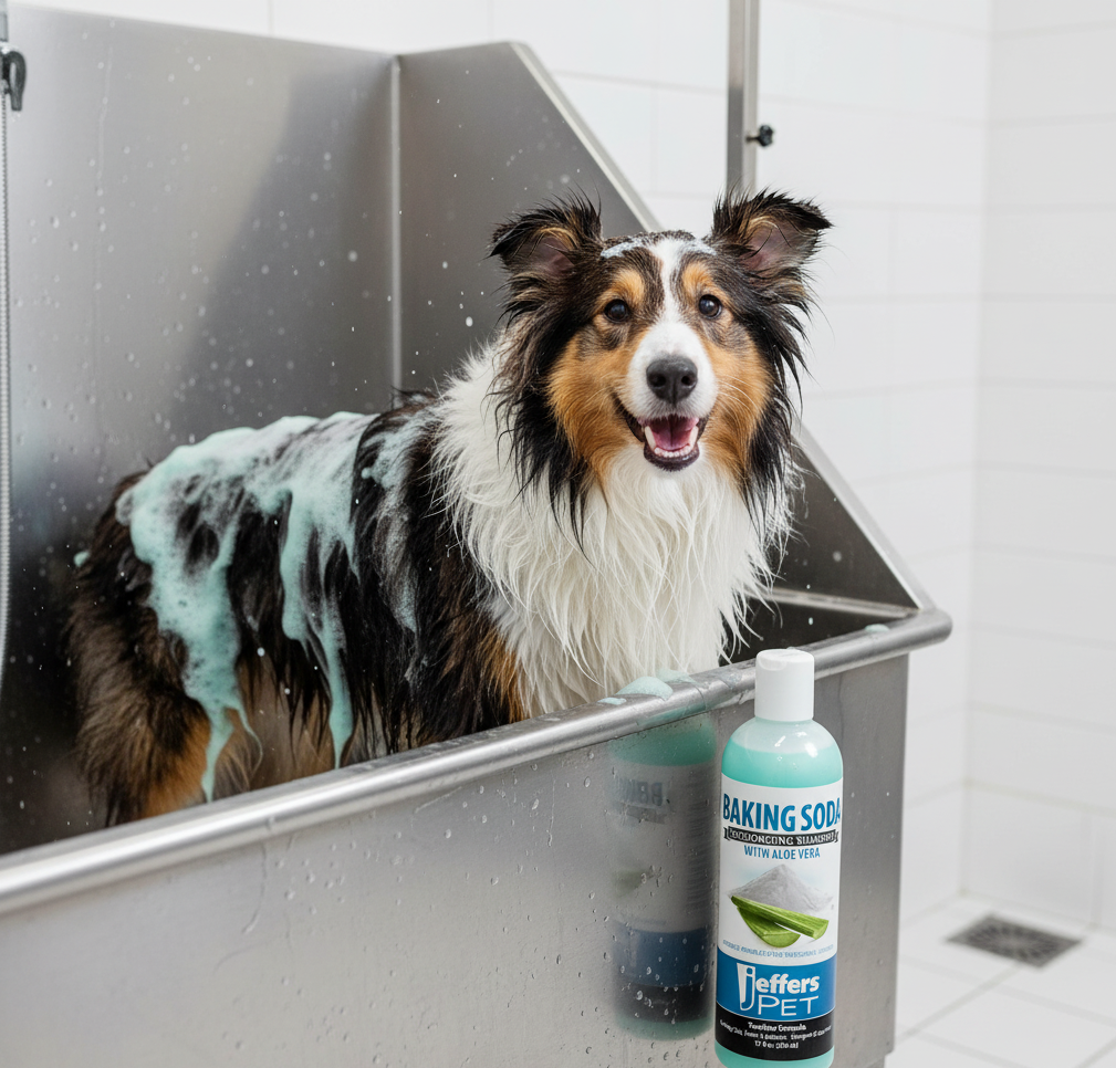 Deodorizing pet shampoo bottle in bath with wet dog