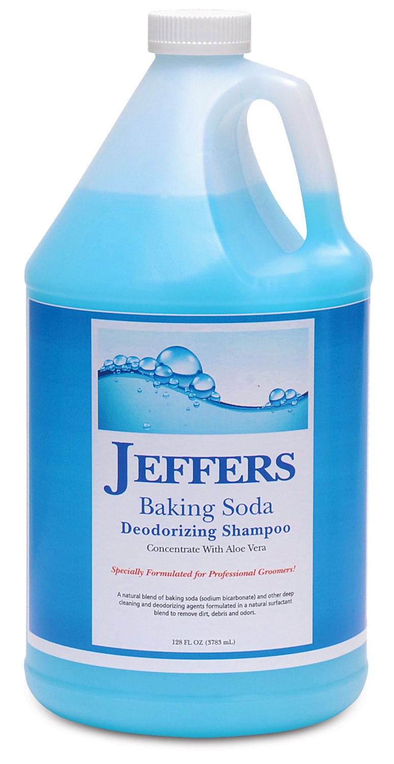 Blue deodorizing pet shampoo bottle with baking soda and aloe vera label