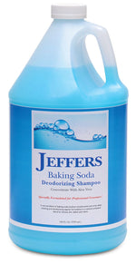 Blue deodorizing pet shampoo bottle with baking soda and aloe vera label