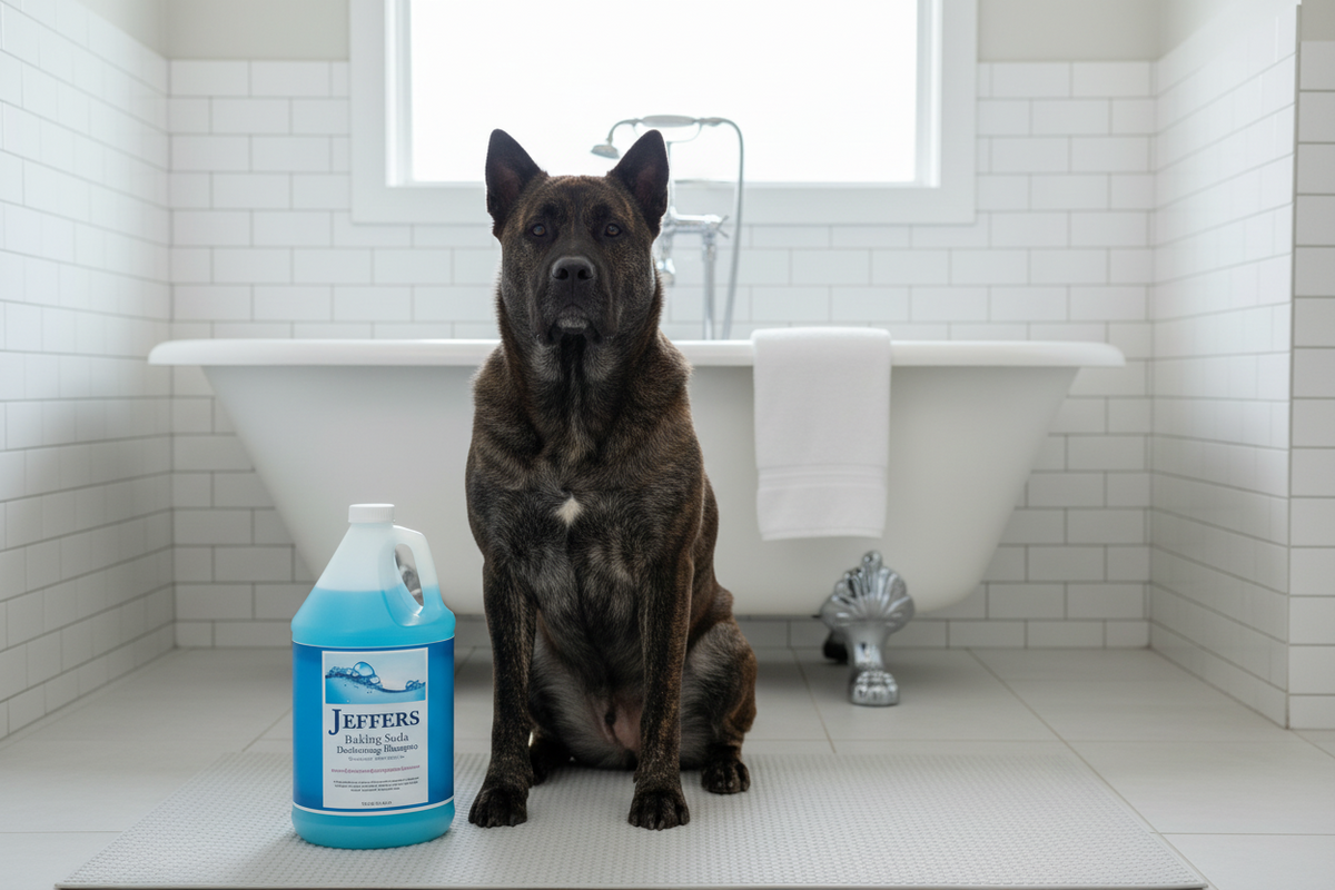 Deodorizing pet shampoo bottles on bathroom floor beside sitting dog