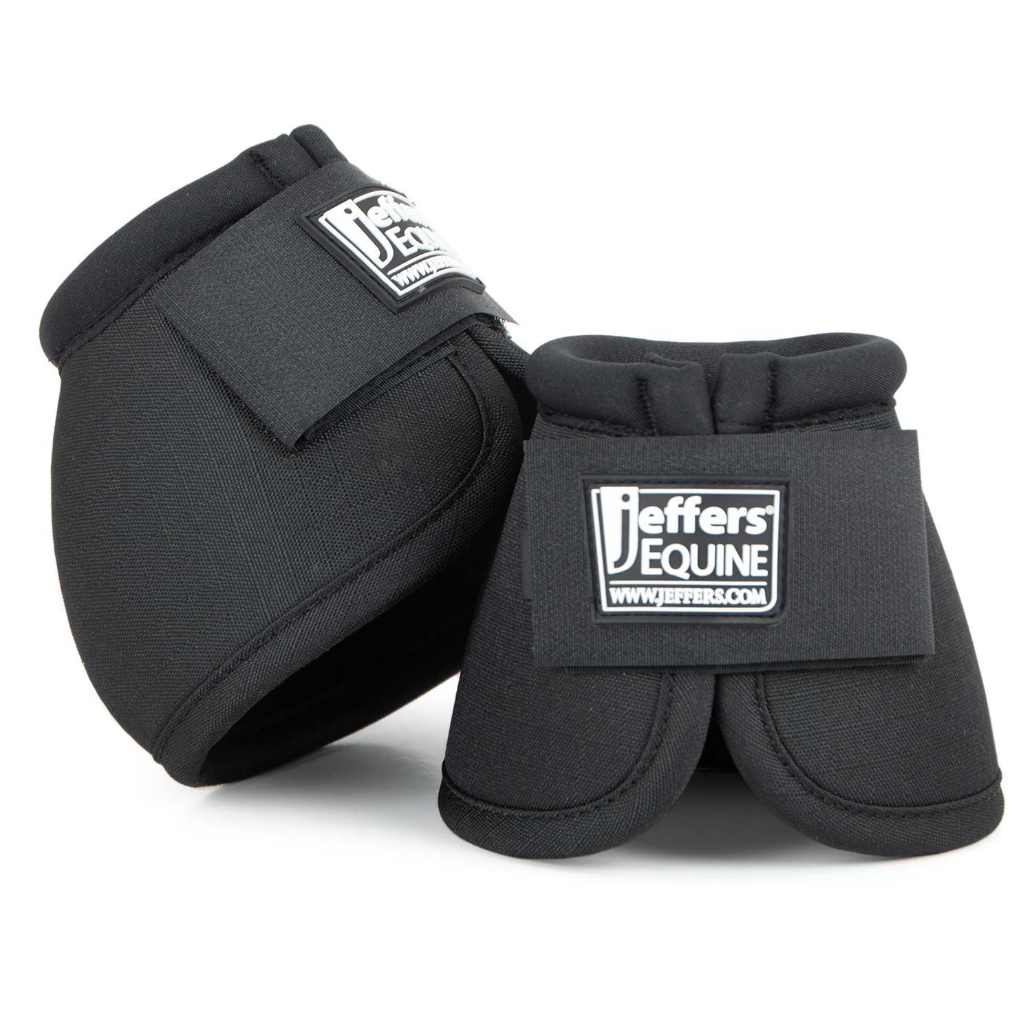 Black no-turn bell boots for horses, pair with Velcro straps and logo patch