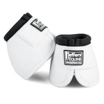 White no-turn bell boots with padded cuffs and front straps, pair