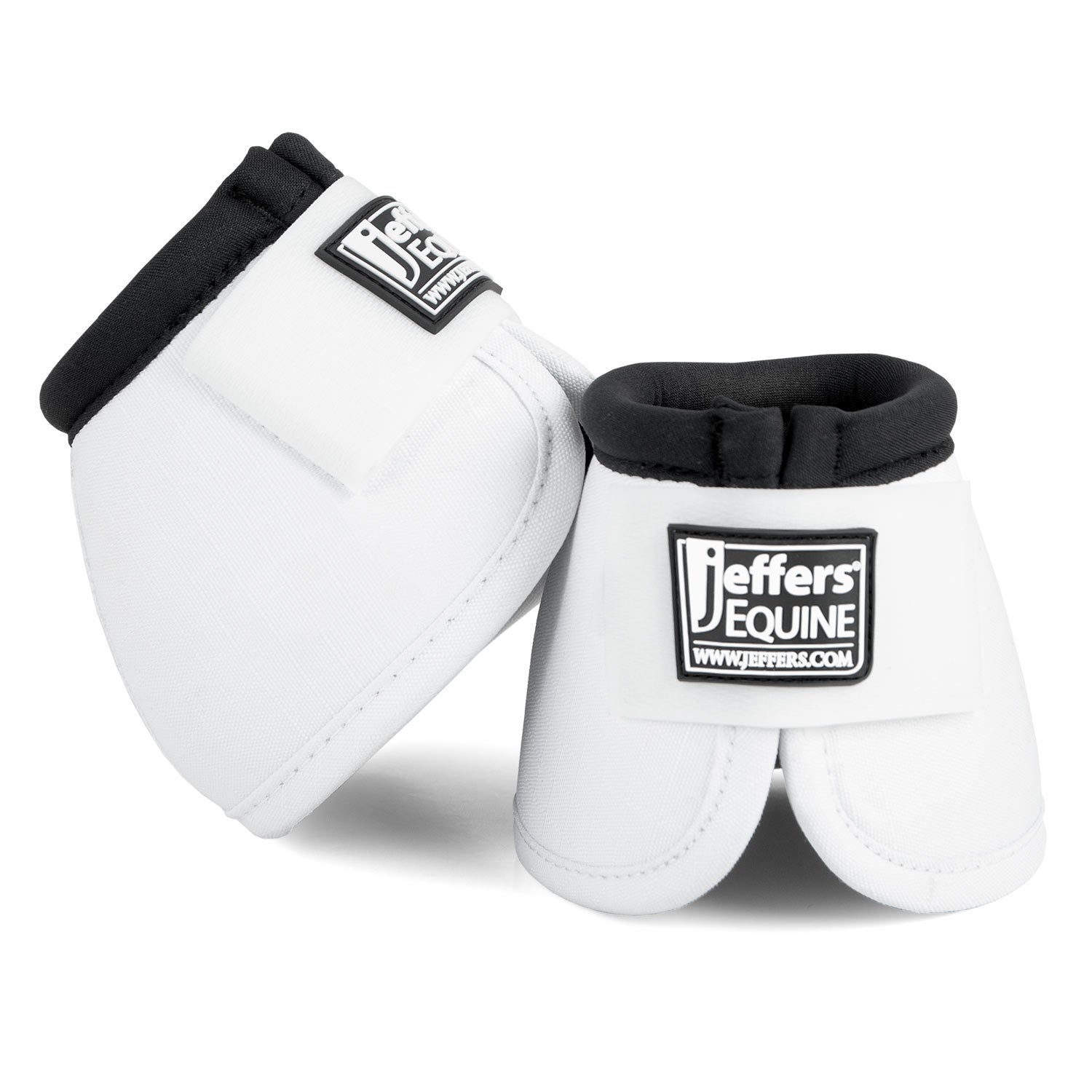 White no-turn bell boots with padded cuffs and front straps, pair