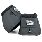 Dark gray horse bell boots with black trim and Jeffer's Equine logo patches.