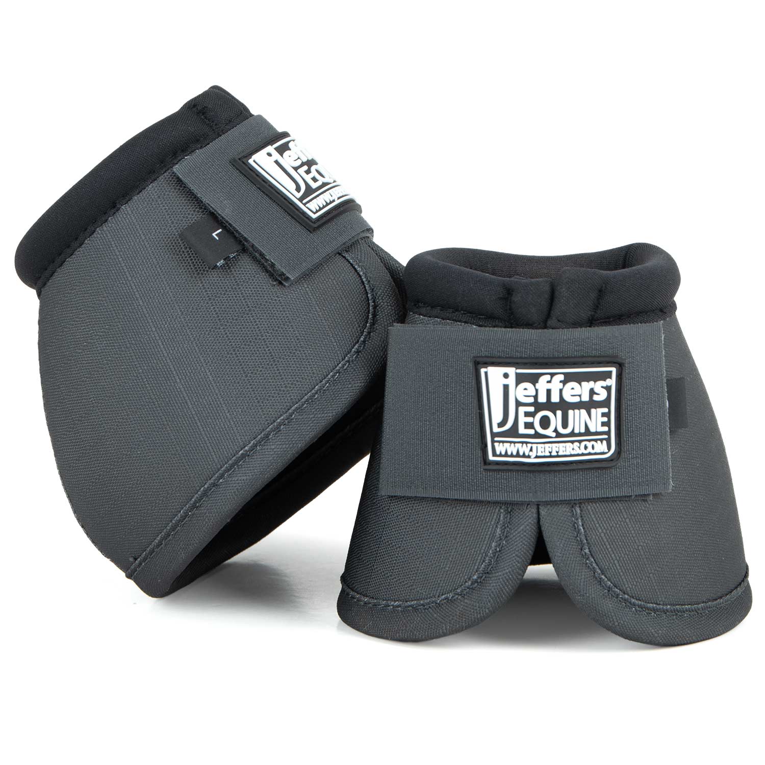 Dark gray horse bell boots with black trim and Jeffer's Equine logo patches.