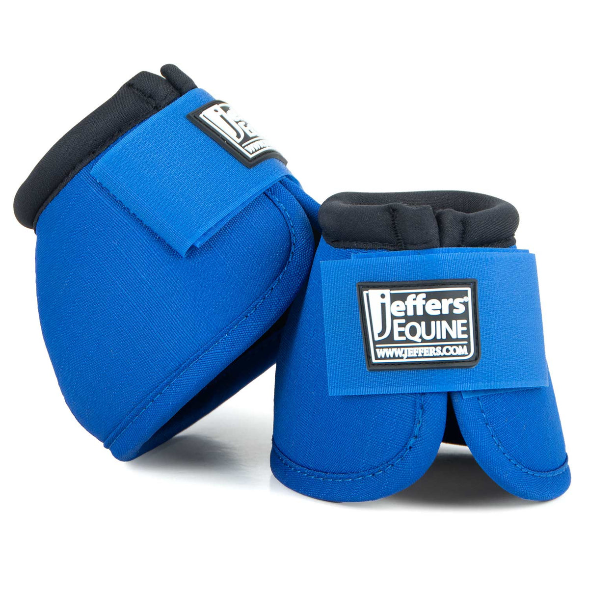 Blue horse bell boots set with black trim and Jeffer's Equine logo patches.