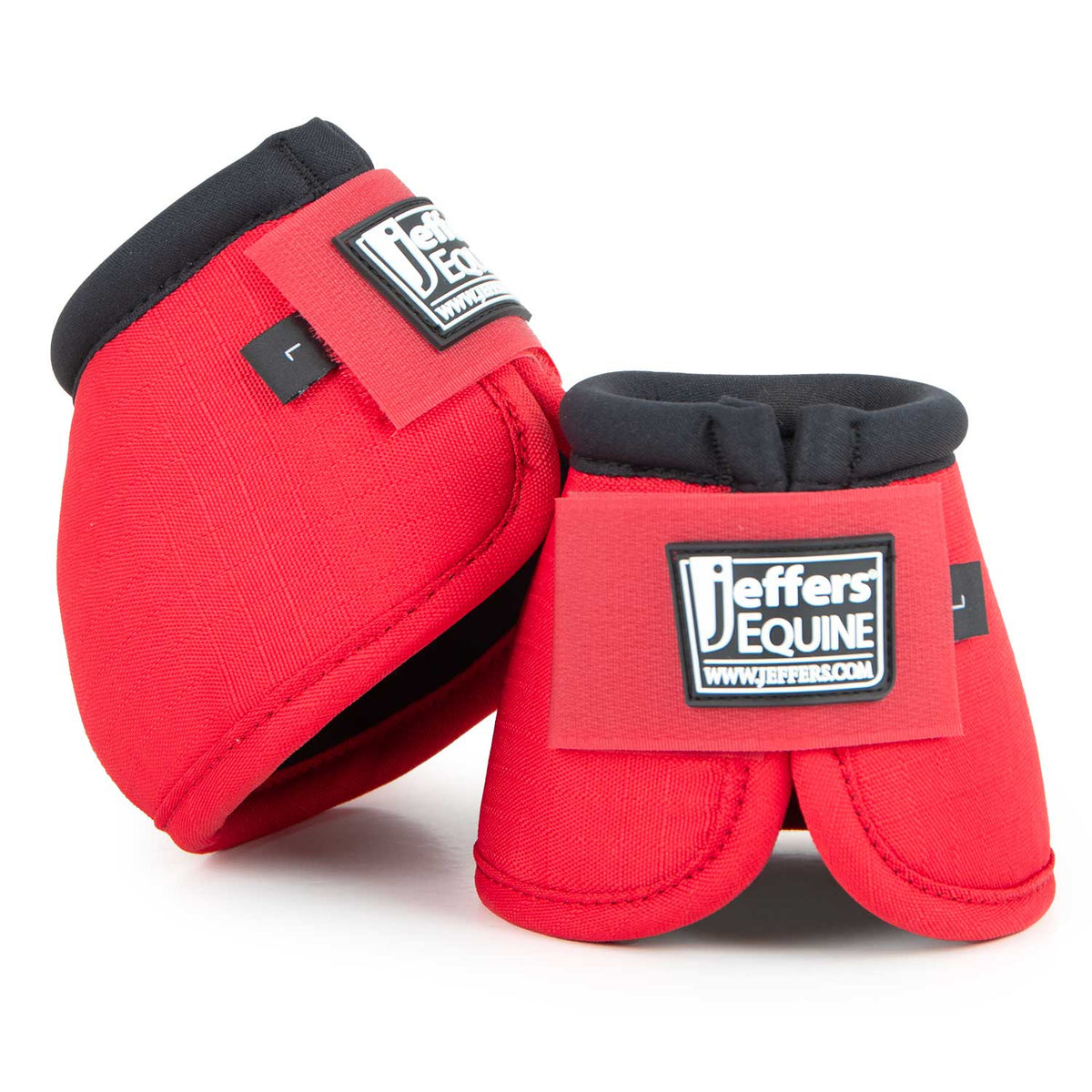Red horse bell boots set with black trim and Jeffer's Equine logo patches.