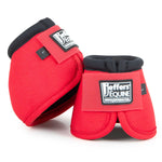 Red horse bell boots set with black trim and Jeffer's Equine logo patches.