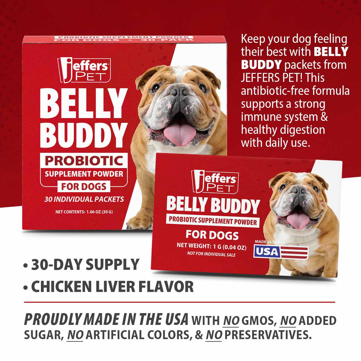 Jeffers Pet Belly Buddy probiotic supplement powder for dogs, red box with packet layout