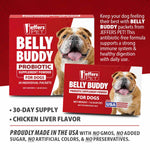 Jeffers Pet Belly Buddy probiotic supplement powder for dogs, red box with packet layout