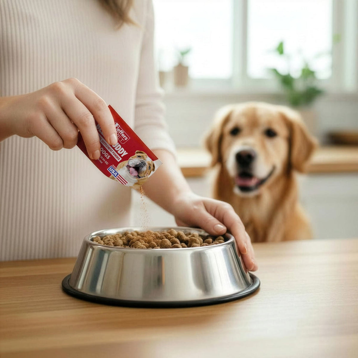 Hand placing Belly Buddy dog probiotic packet into food bowl with dog nearby