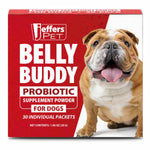 Jeffers Pet Belly Buddy probiotic supplement powder for dogs, red box with dog