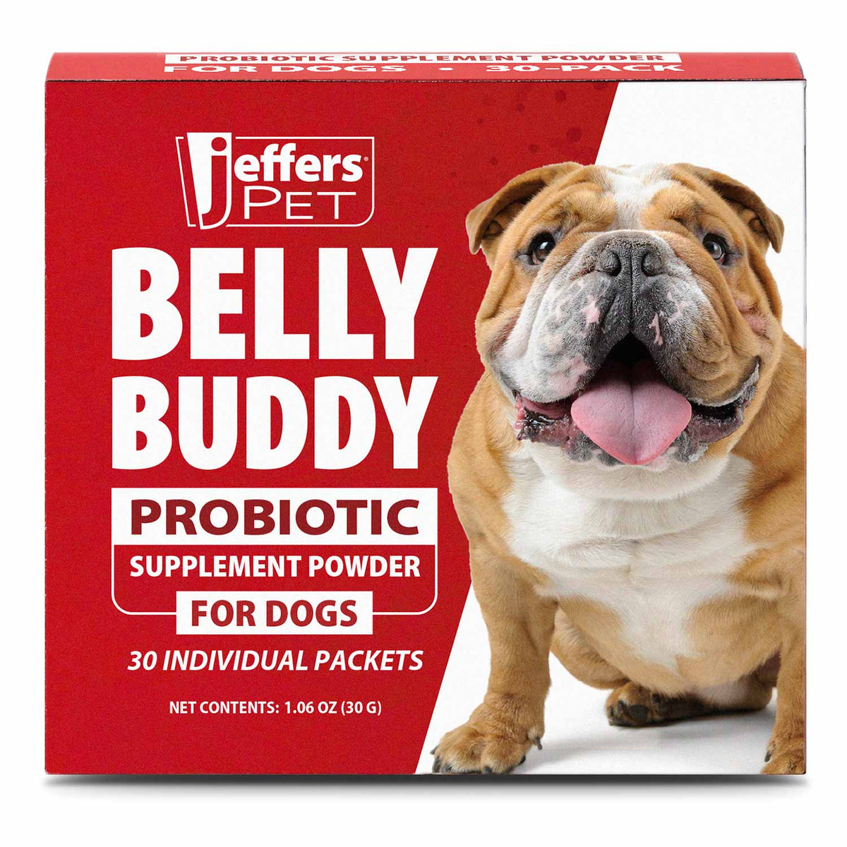 Jeffers Pet Belly Buddy probiotic supplement powder for dogs, red box with dog