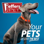 Jeffer's Pet promotional graphic with a gray dog and text 'Your Pets deserve the best'