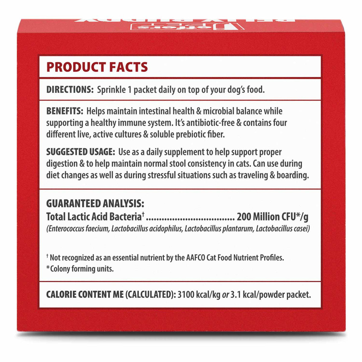 Jeffers Pet Belly Buddy dog probiotic box back panel with product facts