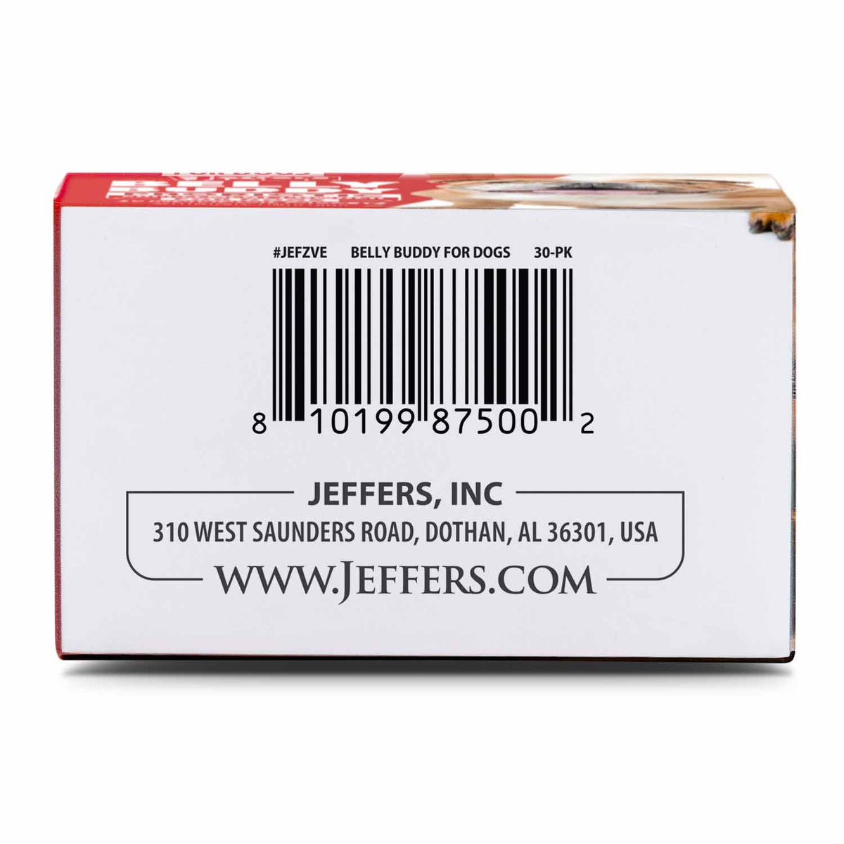 Jeffers Inc Belly Buddy dog probiotic box bottom with barcode and address