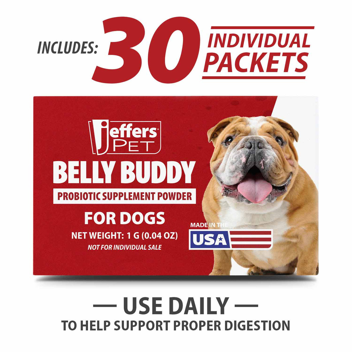 Jeffers Pet Belly Buddy probiotic powder for dogs, red carton with 30 individual packets