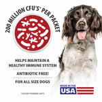 Dog probiotic product graphic with count badge and USA label on white background