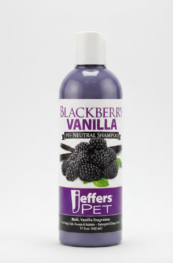 Jeffers Pet Blackberry Vanilla pH-neutral pet shampoo bottle, dark purple with berries