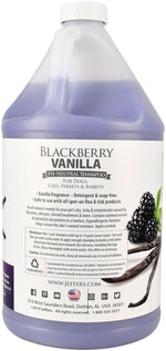 Jeffers Pet Blackberry Vanilla pH-neutral pet shampoo bottle, back label with claims